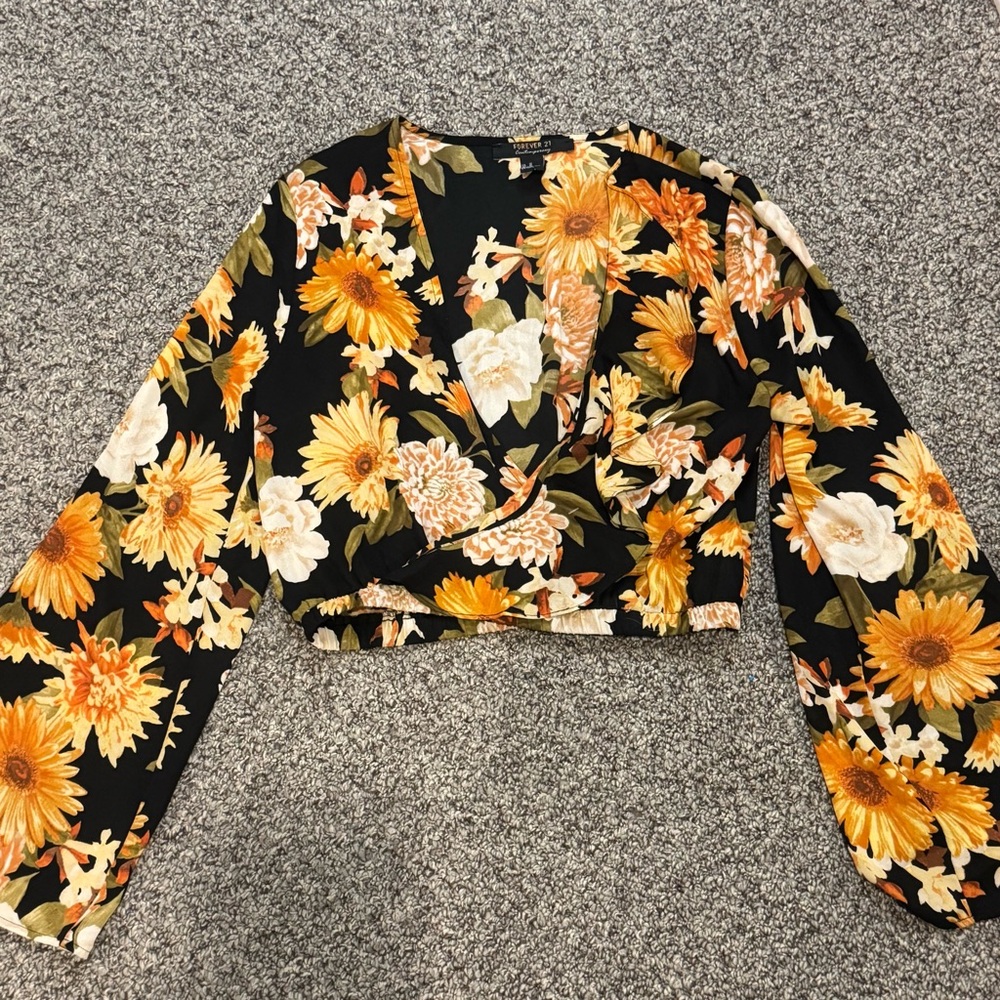 Forever 21 Black Floral Wrap Crop Top with Yellow and Cream Flowers - Picture 2 of 7